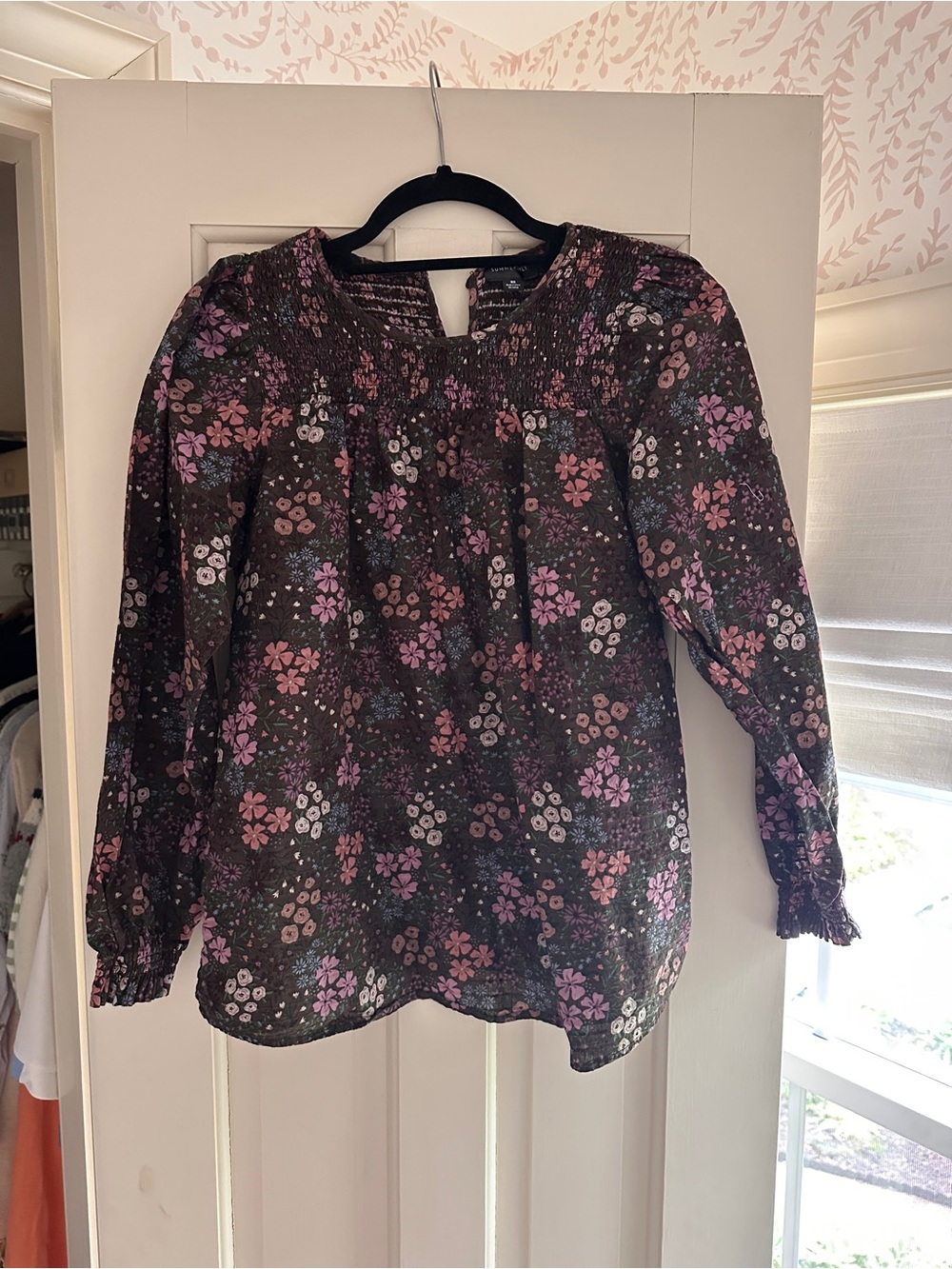 summersalt Floral Smocked Long-Sleeve Blouse with Pink & Lavender Flowers
